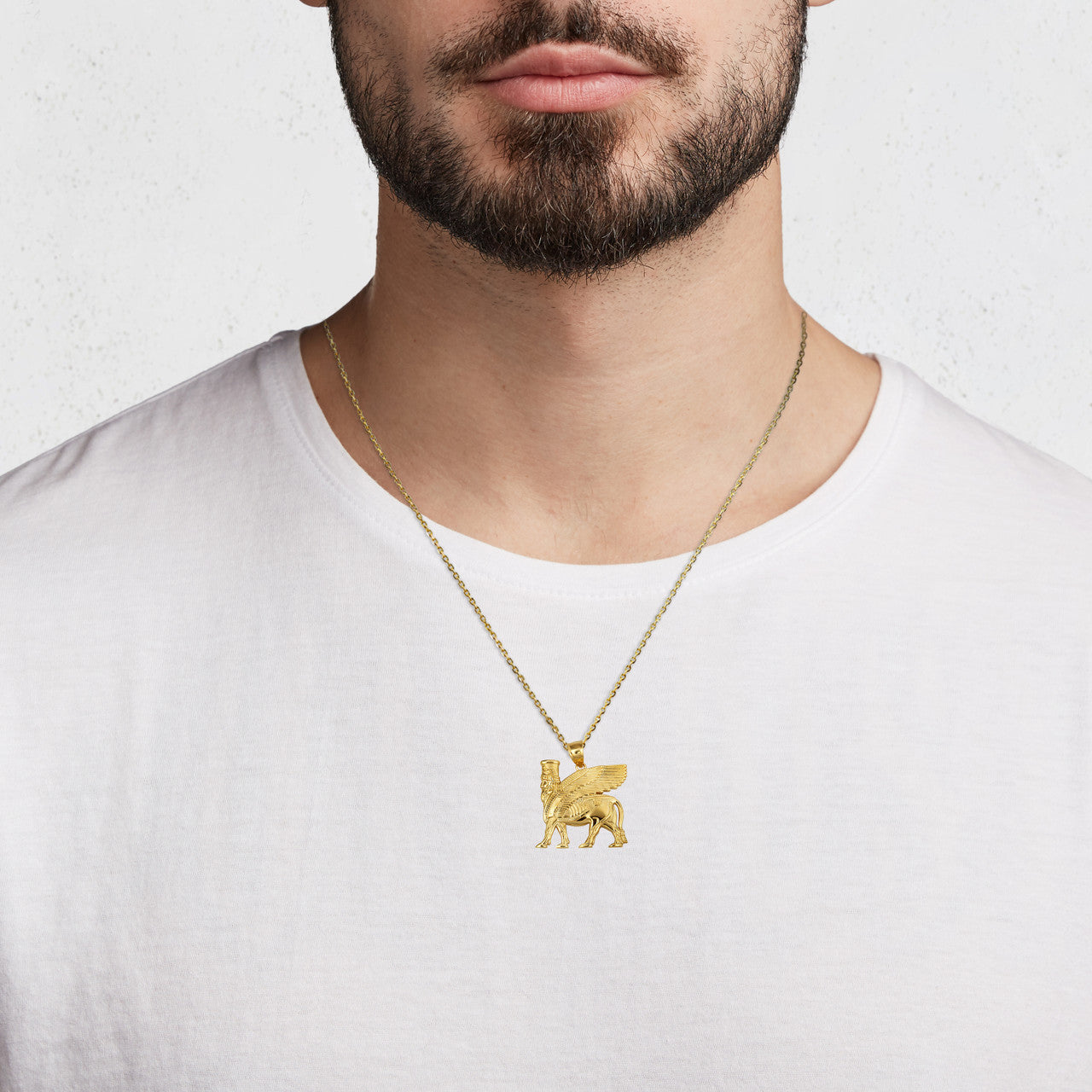 Gold Ancient Assyrian God Lamassu Winged Bull Pendant Necklace (yellow/white/rose)