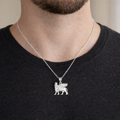 Gold Ancient Assyrian God Lamassu Winged Bull Pendant Necklace (yellow/white/rose)
