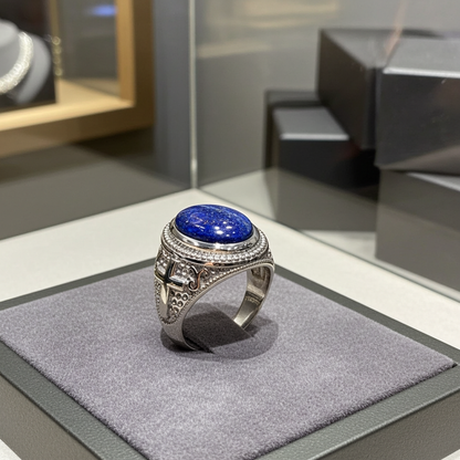 Sterling Silver Christian Cross Lapis Lazuli Gemstone Ring