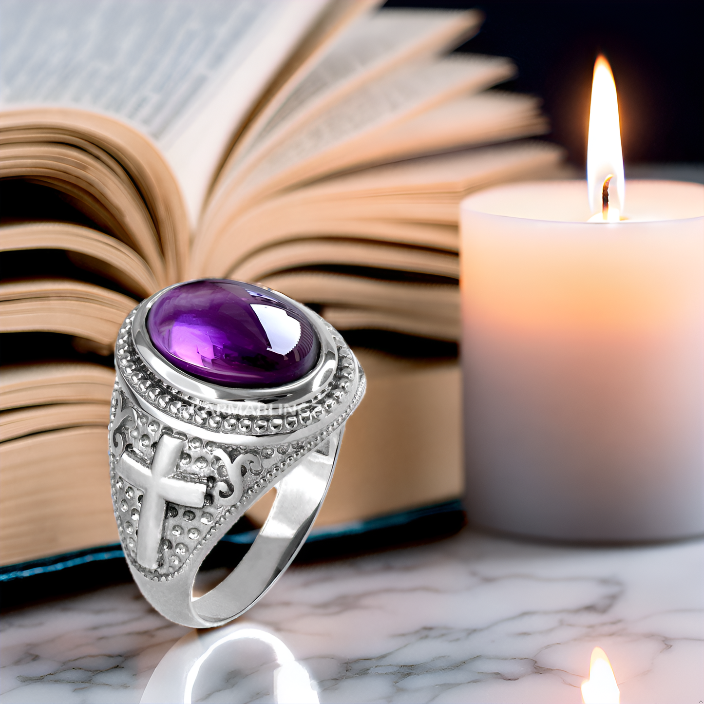 Sterling Silver Christian Cross Amethyst February Birthstone Ring