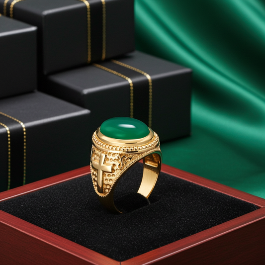 Solid Gold Christian Cross Green Onyx Ring Oval Cabochon Gemstone Unisex Statement Ring