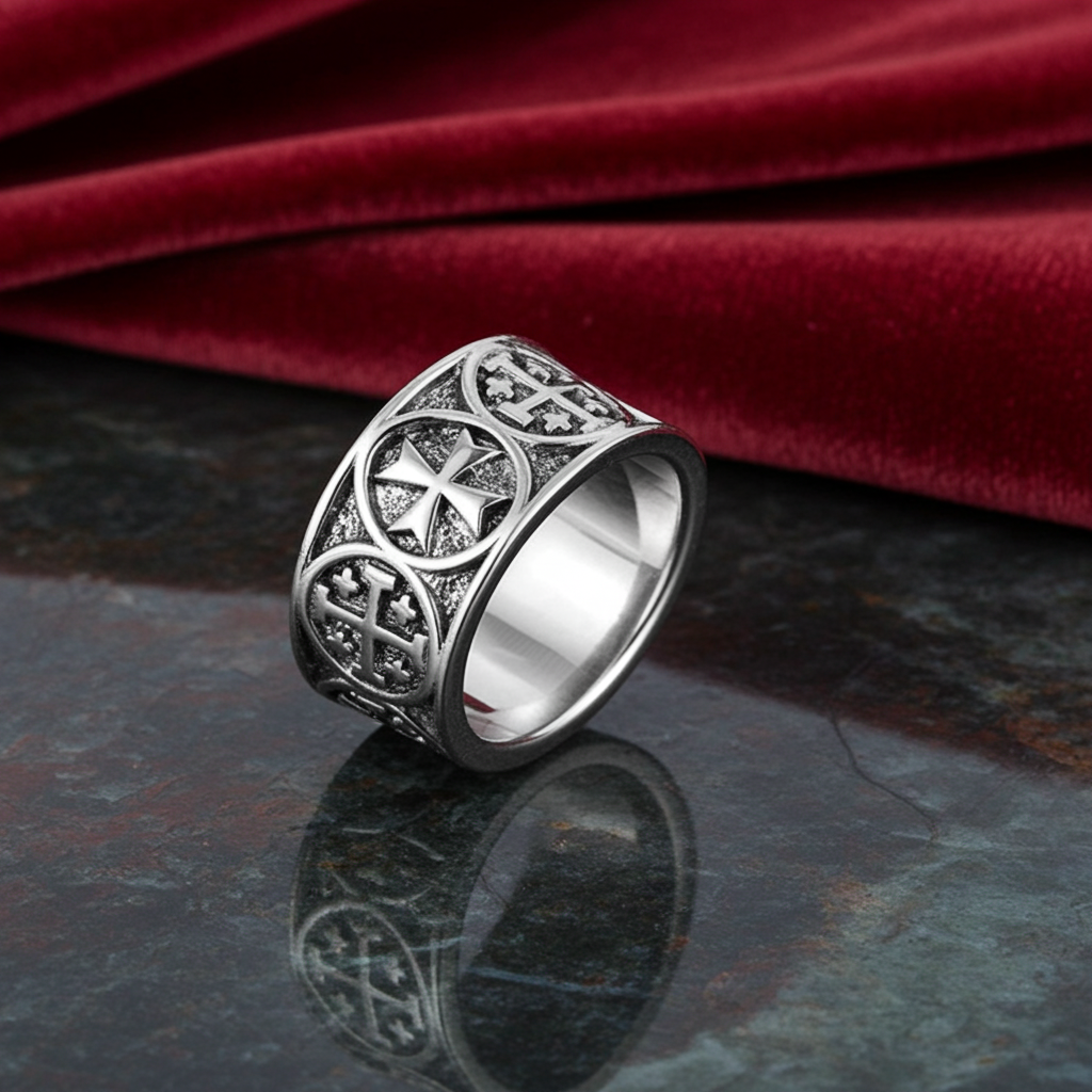 Solid Sterling Silver Jerusalem Maltese Cross Mens Ring Band