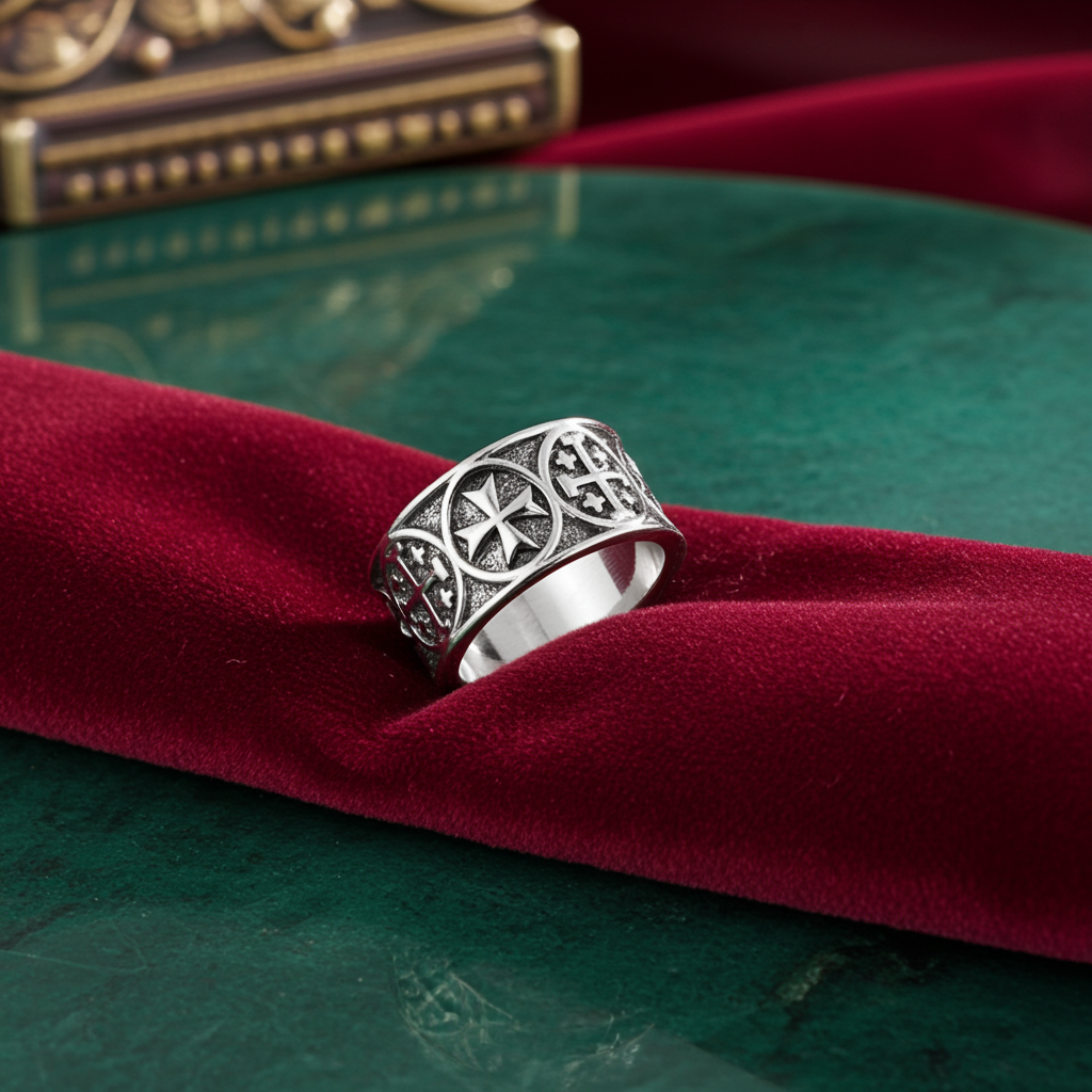 Solid Sterling Silver Jerusalem Maltese Cross Mens Ring Band