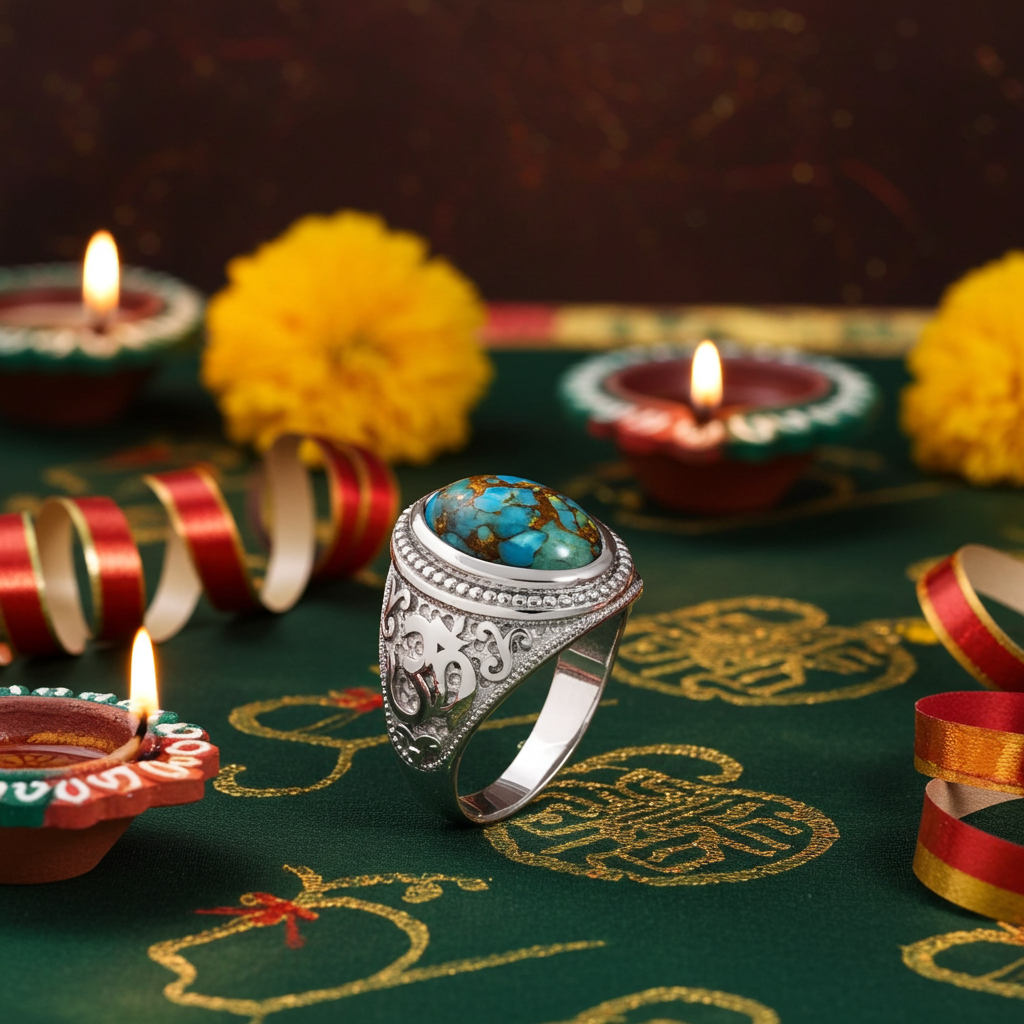 Sterling Silver Om (Aum) Mantra Ring with Blue Copper Turquoise Karma Blingz