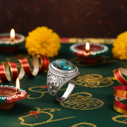 Sterling Silver Om (Aum) Mantra Ring with Blue Copper Turquoise Karma Blingz