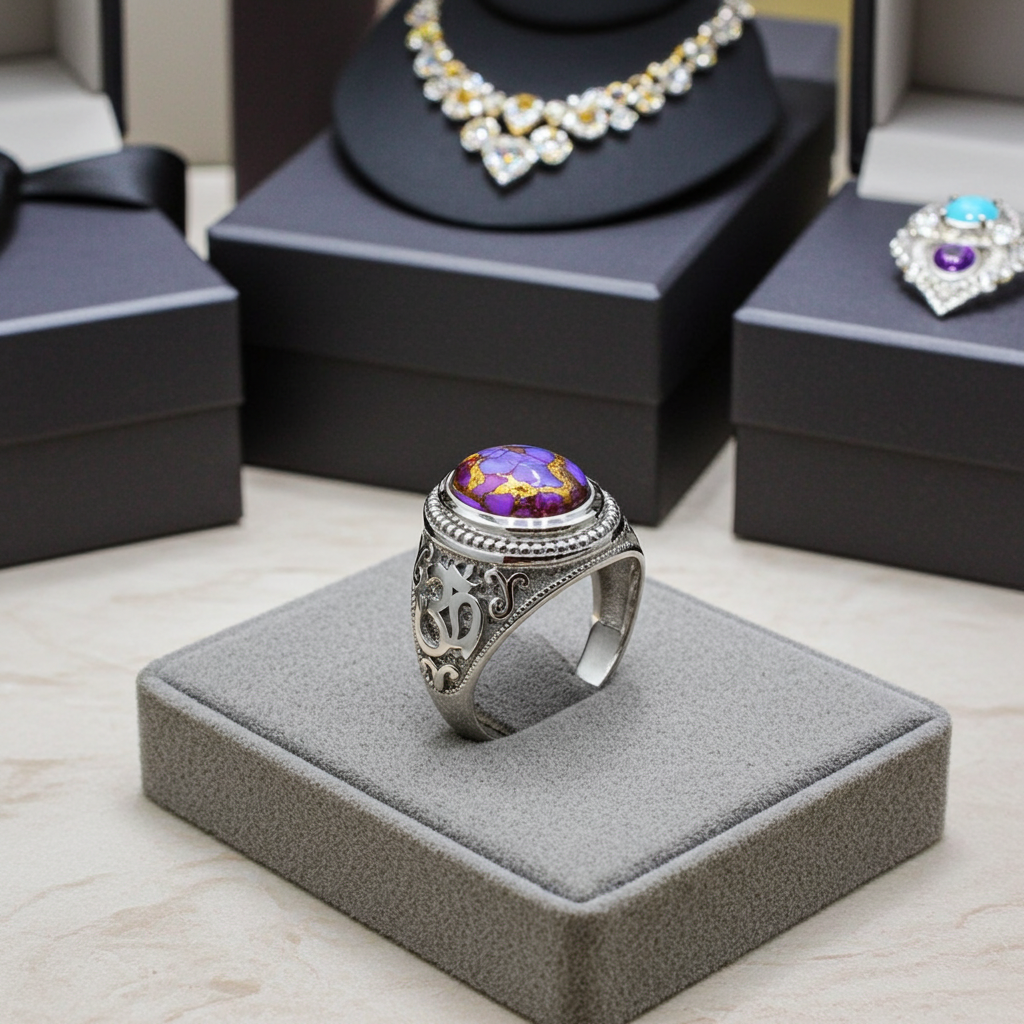 Sterling Silver Om (aum) Purple Copper Turquoise Gemstone Ring Karma Blingz