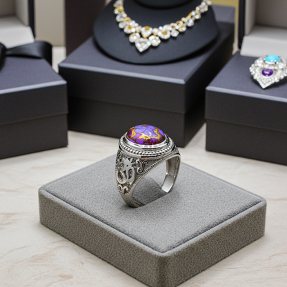 Sterling Silver Om (aum) Purple Copper Turquoise Gemstone Ring Karma Blingz