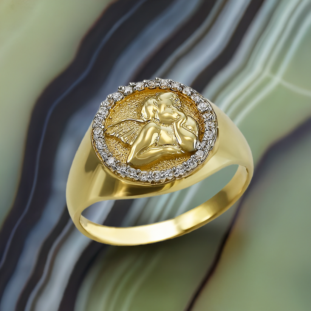 Polished Gold Cupid Cherub Angel Halo Diamond Round Signet Unisex Ring