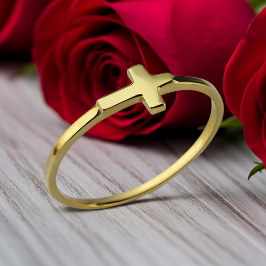 Gold Sideways Cross Minimalist Stacking Ring for Women
