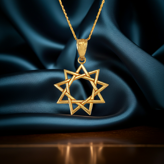 Baha'i Nine Point Star Gold Charm Pendant Necklace, 10K/14K, Yellow, White, Rose