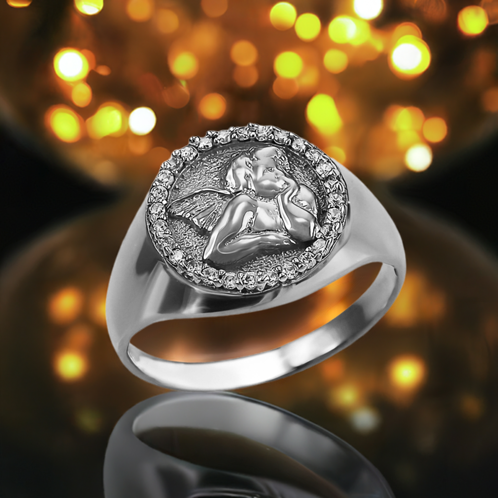 Polished Gold Cupid Cherub Angel Halo Diamond Round Signet Unisex Ring