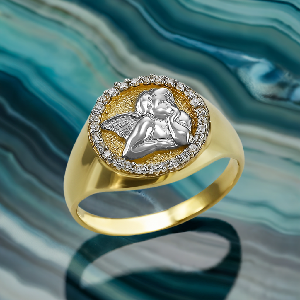 Polished Gold Cupid Cherub Angel Halo Diamond Round Signet Unisex Ring