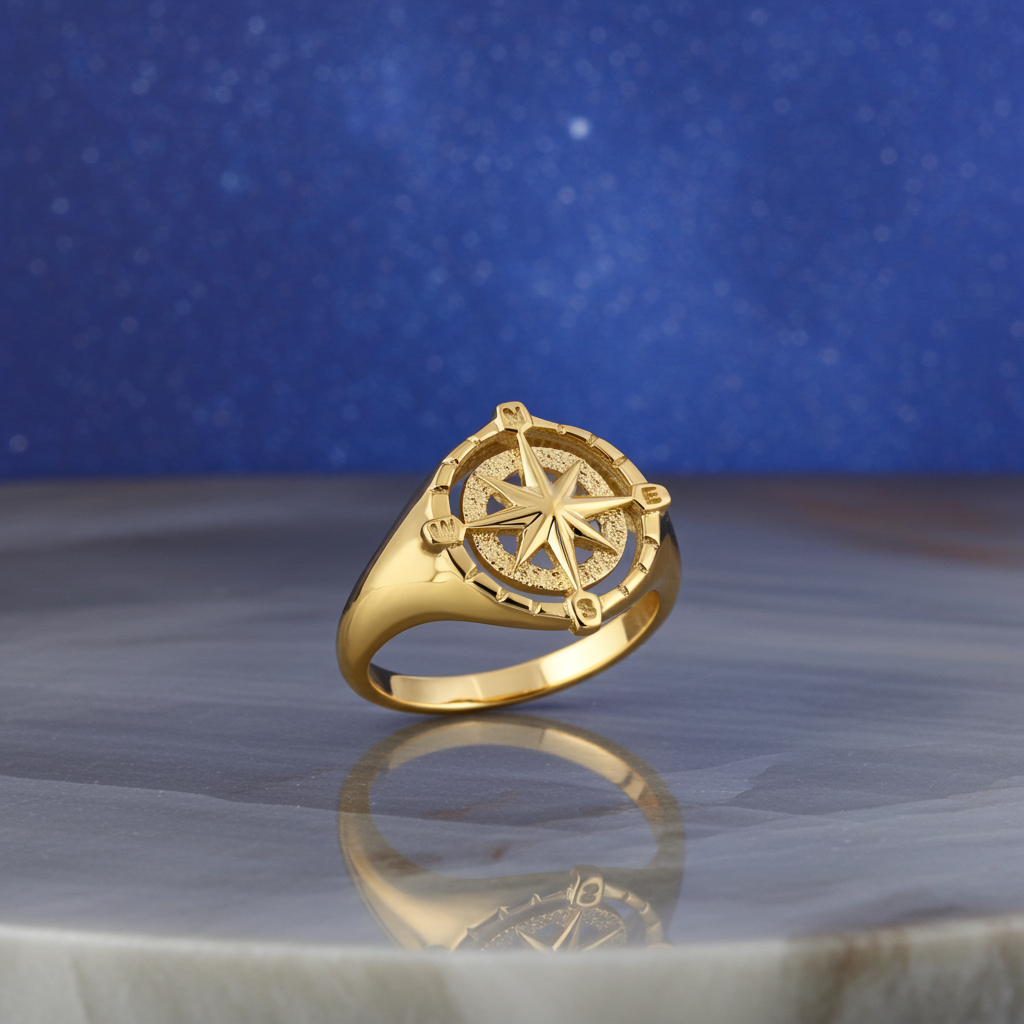 Gold Compass Ring for Women North Star Compass Rose Signet Ring (yellow, white, rose, 10k / 14k)