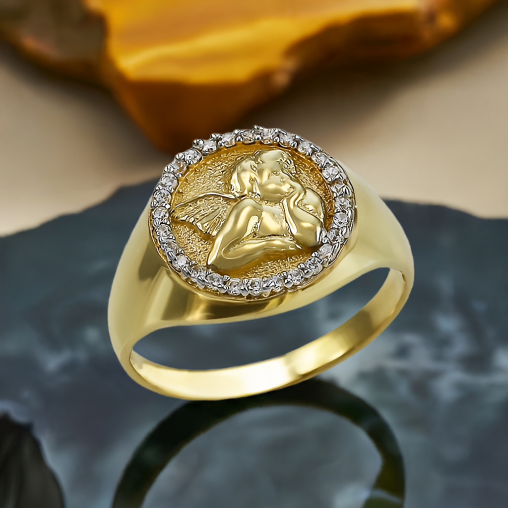 Polished Gold Cupid Cherub Angel Halo Diamond Round Signet Unisex Ring