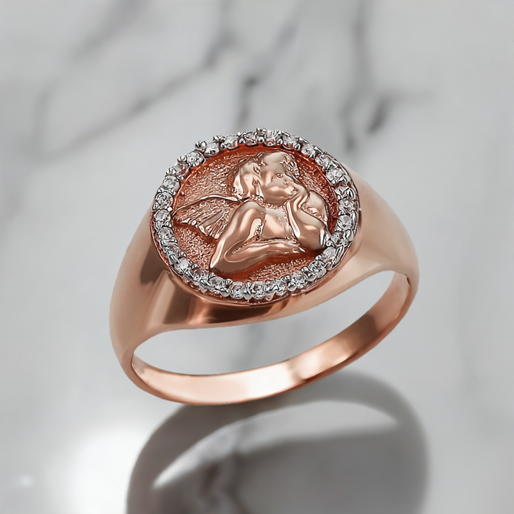 Polished Gold Cupid Cherub Angel Halo Diamond Round Signet Unisex Ring