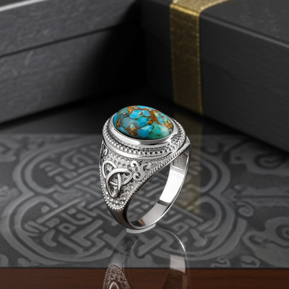 Sterling Silver Celtic Triquetra Blue Copper Turquoise Ring