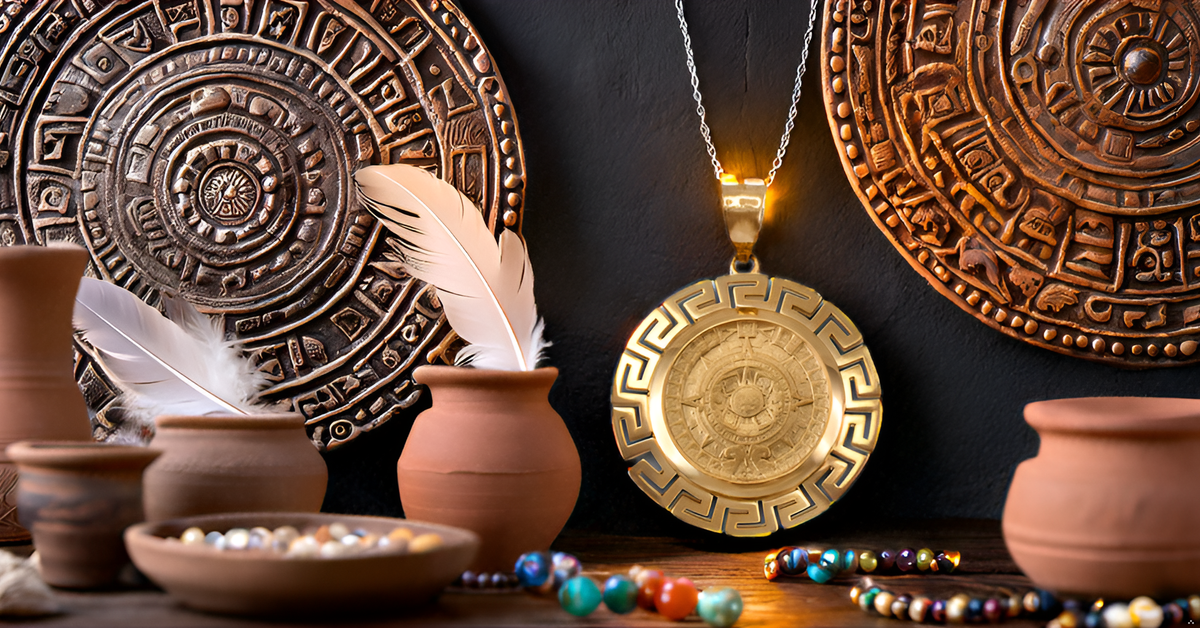 Gold Aztec Bezel Mayan Sun Calendar Pendant (yellow, white, rose gold, 14k, 10k)