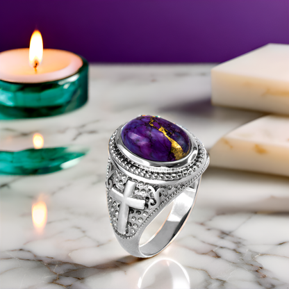 Sterling Silver Christian Cross Purple Copper Turquoise Ring