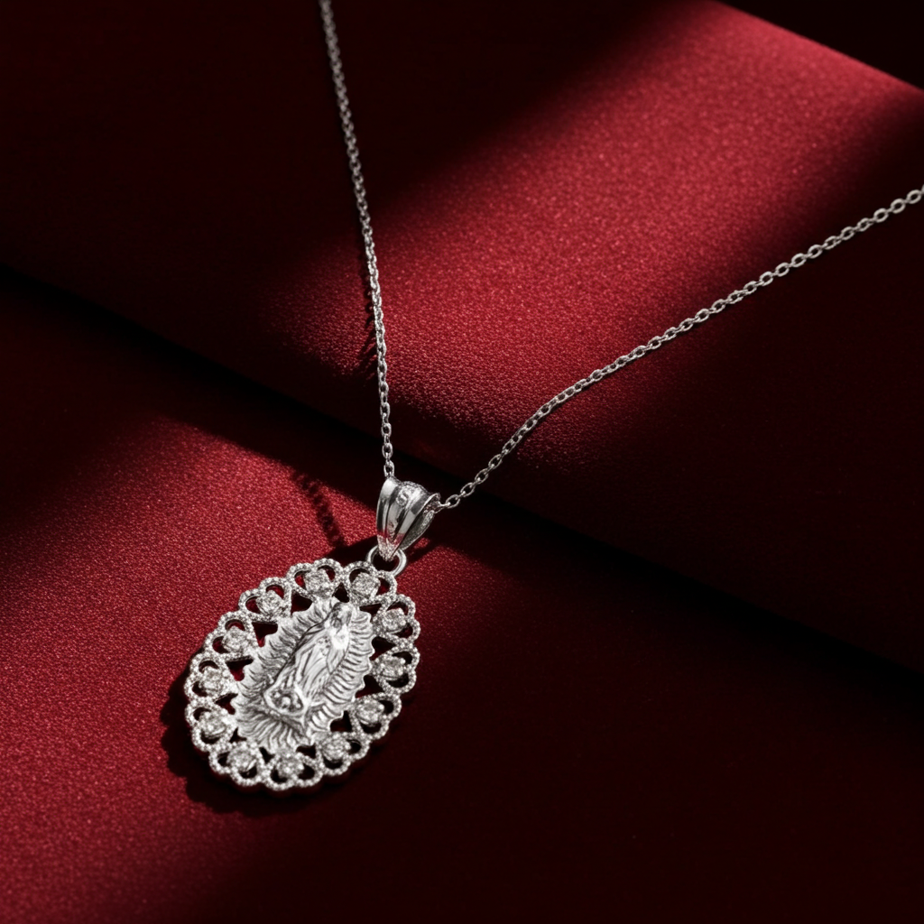 Sterling Silver Lady of Guadalupe Virgin Mary CZ Pendant Necklace