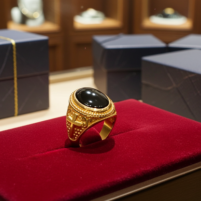 Gold Black Onyx Christian Cross Gemstone Ring
