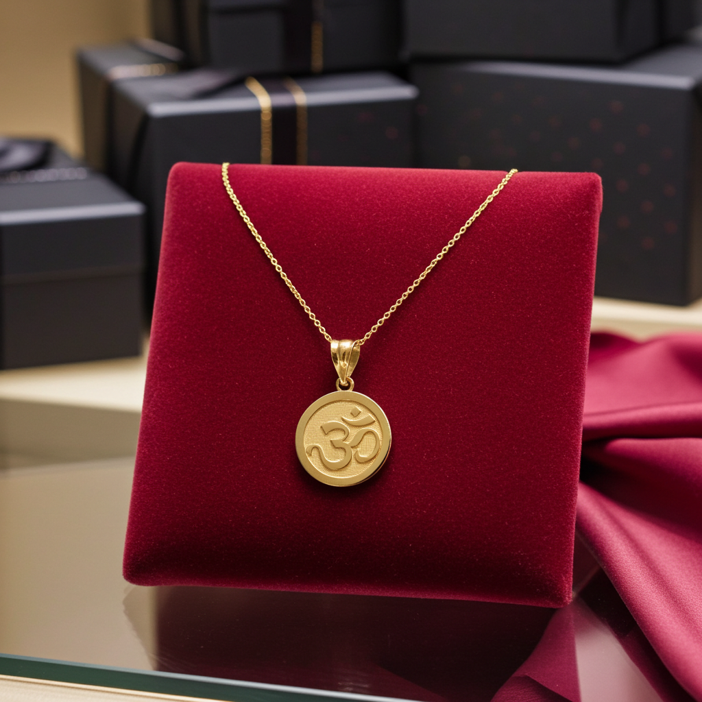 Gold Om Yoga Medallion Charm Necklace (yellow, white, rose gold, 10K, 14K)