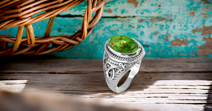 Sterling Silver Celtic Triquetra Green Copper Turquoise Ring