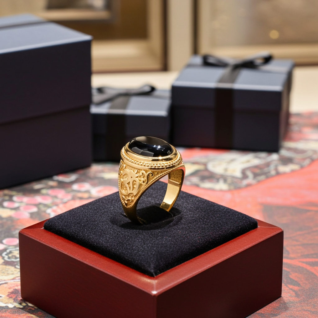 Gold Om Oval Cabochon Black Onyx Gemstone Mens Yoga Ring
