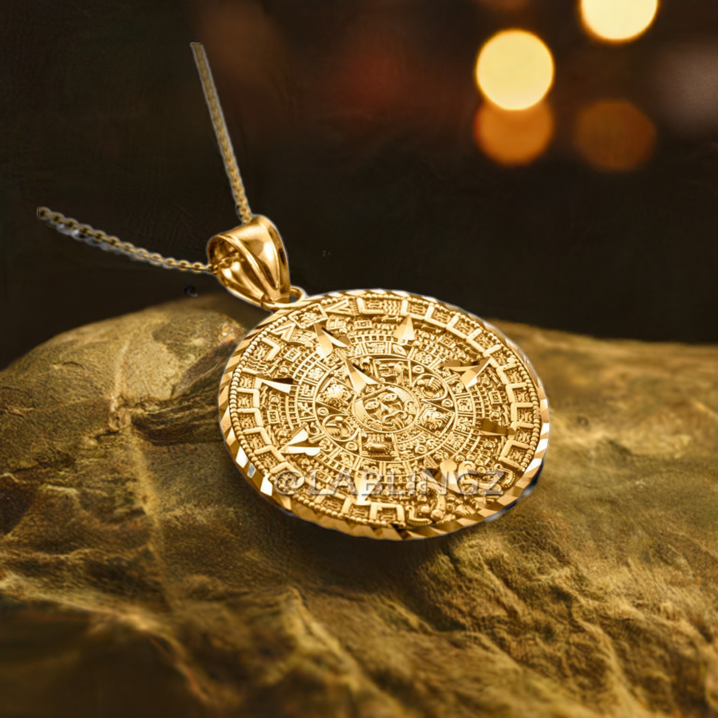 14K Gold Aztec Mayan Sun Calendar Pendant Necklace (yellow, white, rose gold)