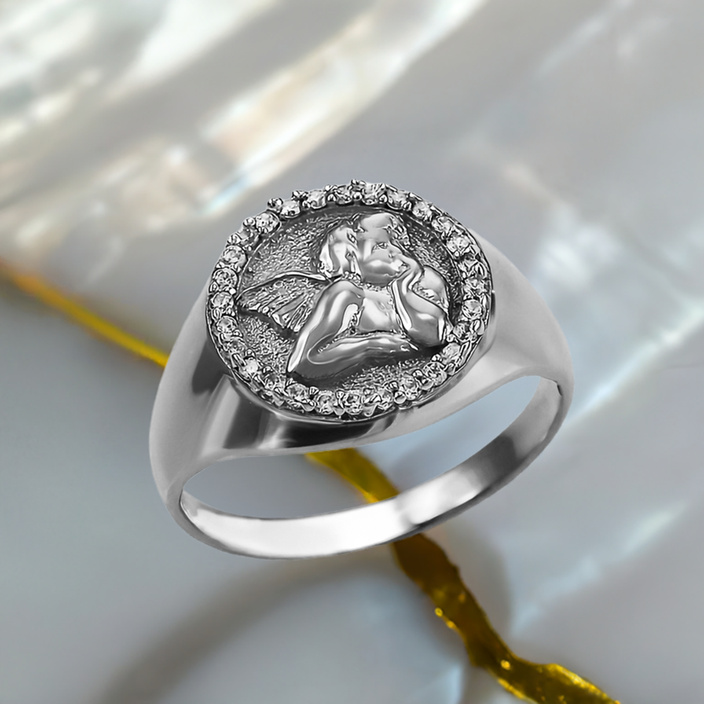 Polished Gold Cupid Cherub Angel Halo Diamond Round Signet Unisex Ring