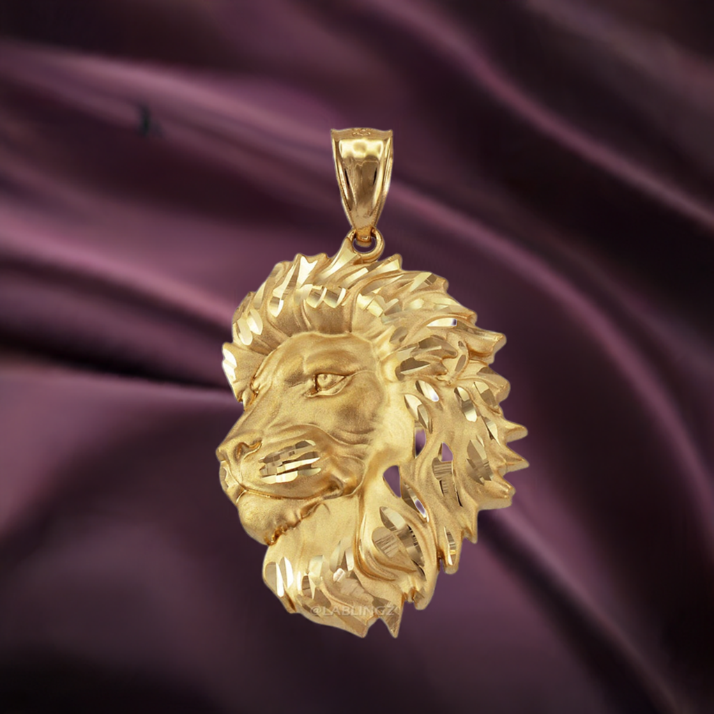 Gold Lion Face Satin DC Leo Pendant S/L (yellow, white, rose gold, 10k, 14k)