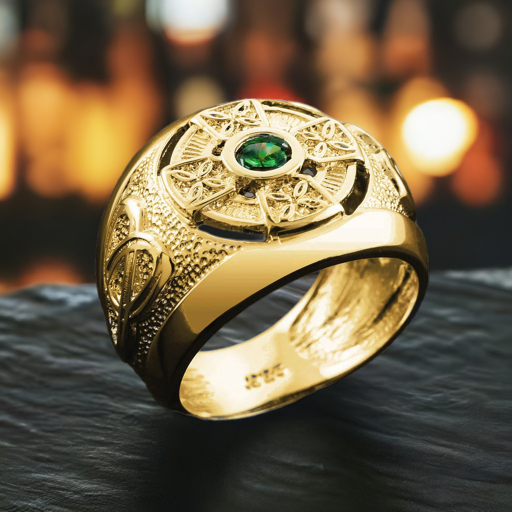 Yellow Gold Mens Celtic Green CZ Statement Ring (10K, 14K)