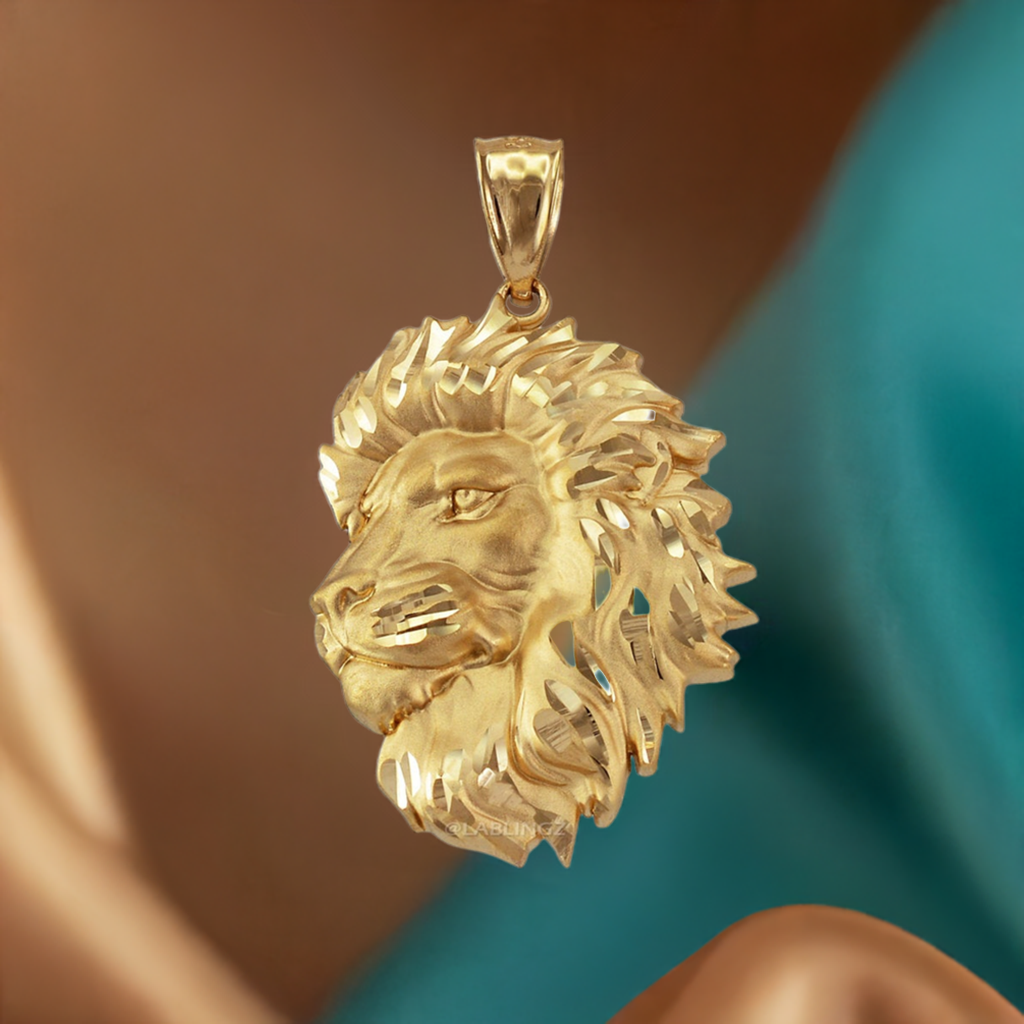 Gold Lion Face Satin DC Leo Pendant S/L (yellow, white, rose gold, 10k, 14k)