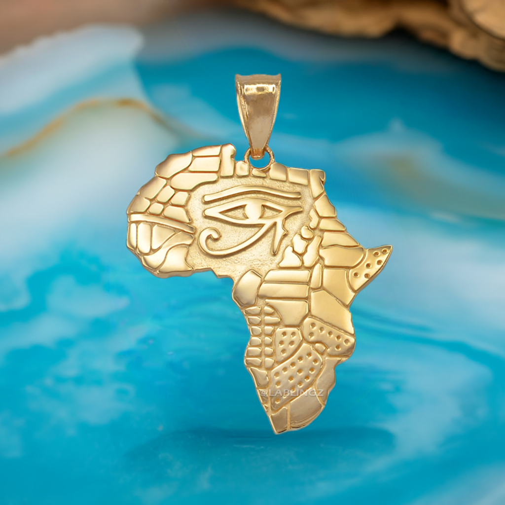 Gold Eye of Horus Africa Map Pendant Necklace (yellow, white, rose, 2-tone gold, 10K, 14K)