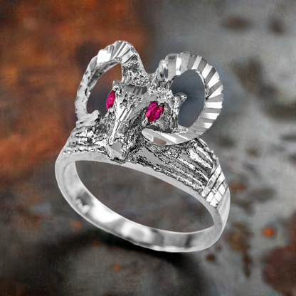Sterling Silver Goat Head Red CZ Ring