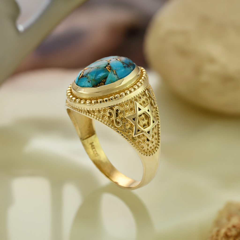 Gold Star of David Blue Copper Turquoise Jewish Statement Ring