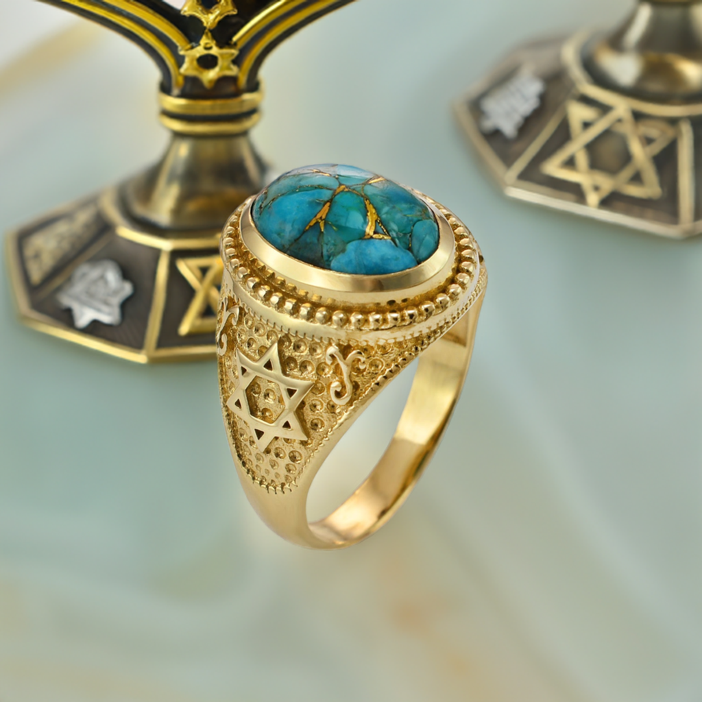 Gold Star of David Blue Copper Turquoise Jewish Statement Ring