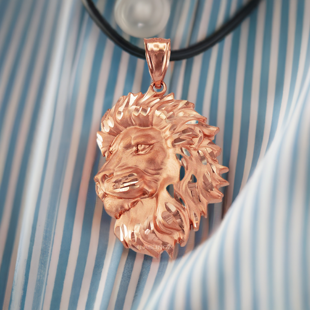 Gold Lion Face Satin DC Leo Pendant S/L (yellow, white, rose gold, 10k, 14k)