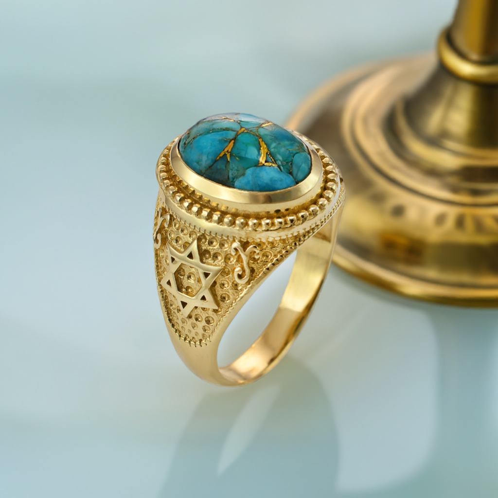 Gold Star of David Blue Copper Turquoise Jewish Statement Ring