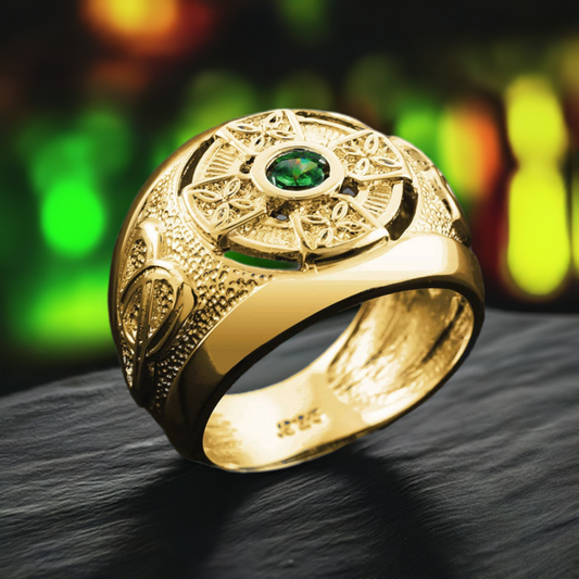 Yellow Gold Mens Celtic Green CZ Statement Ring (10K, 14K)