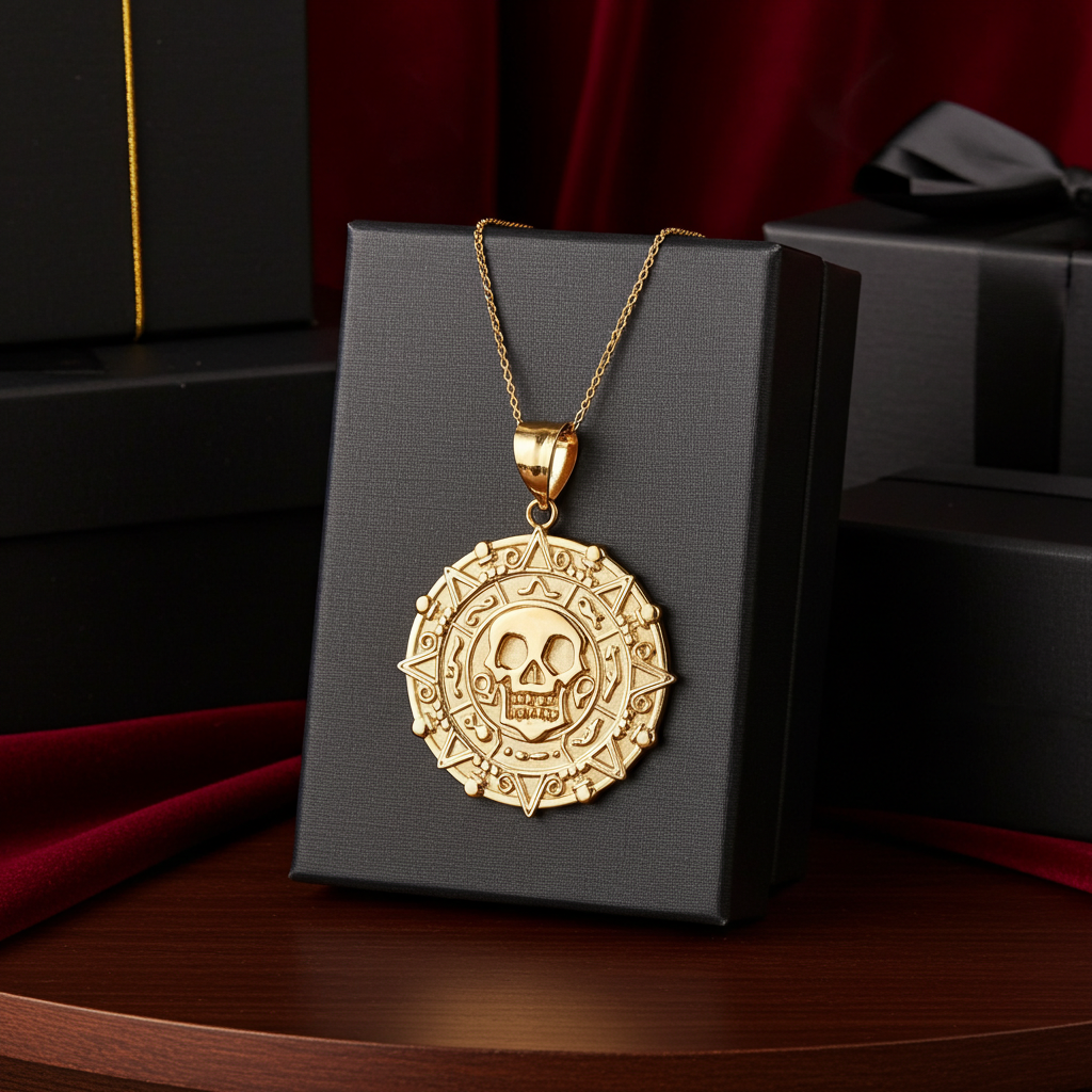 Gold Aztec Coin Pirates of The Caribbean Skull Medallion Pendant Necklace (yellow, white, rose)