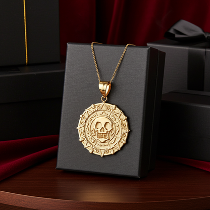 Gold Aztec Coin Pirates of The Caribbean Skull Medallion Pendant Necklace (yellow, white, rose)
