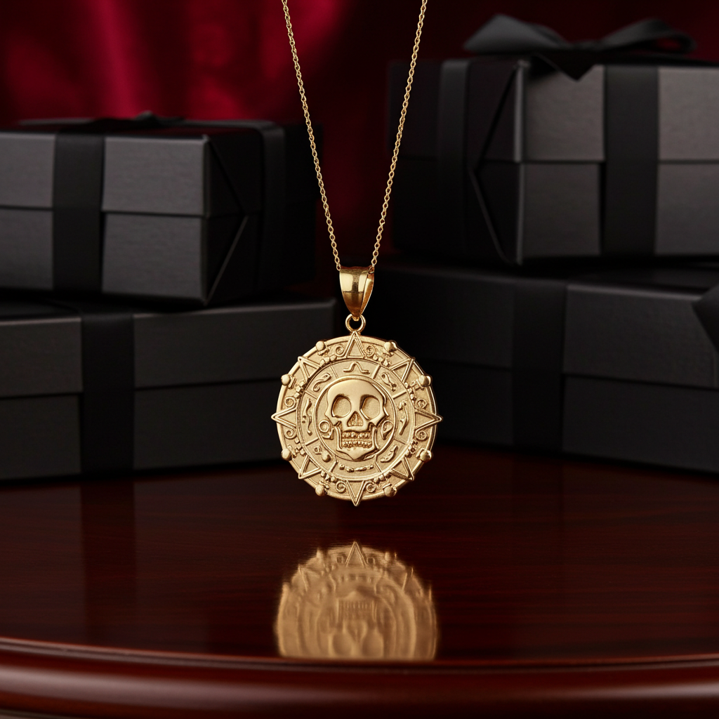 Gold Aztec Coin Pirates of The Caribbean Skull Medallion Pendant Necklace (yellow, white, rose)
