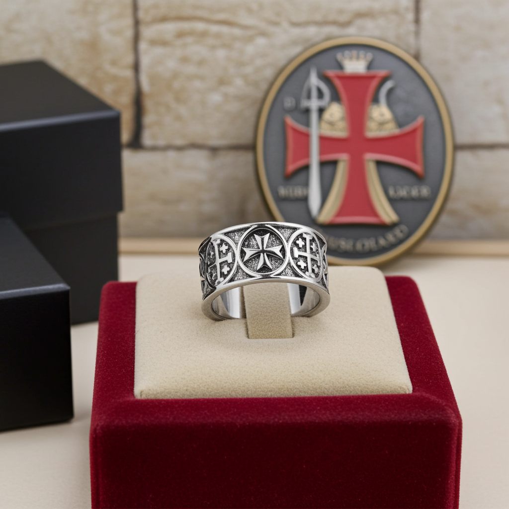 Solid Sterling Silver Jerusalem Maltese Cross Mens Ring Band