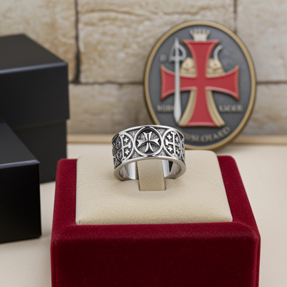 Solid Sterling Silver Jerusalem Maltese Cross Mens Ring Band