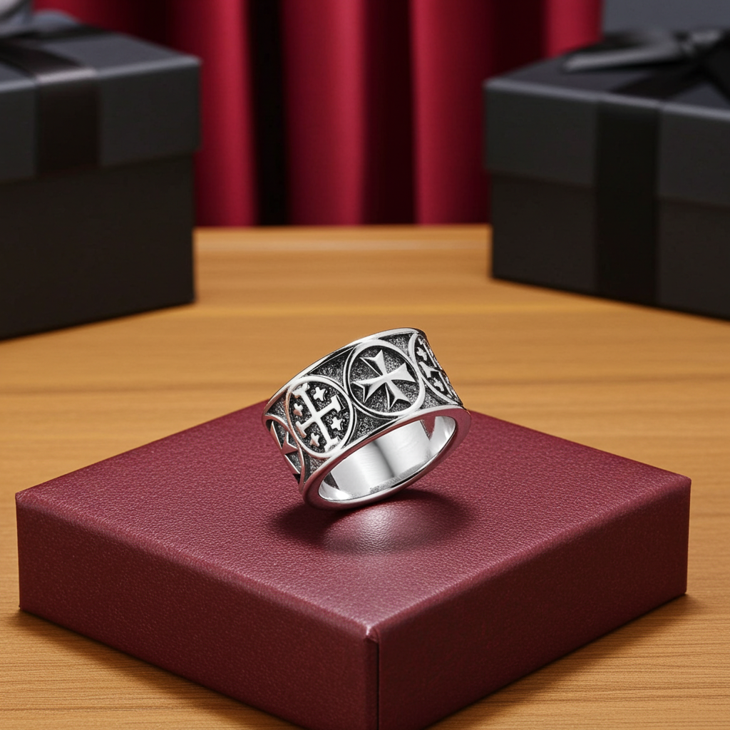 Solid Sterling Silver Jerusalem Maltese Cross Mens Ring Band