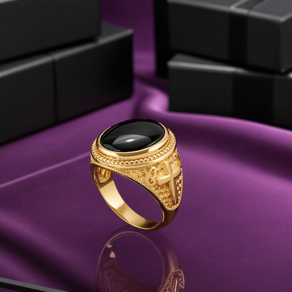 Gold Black Onyx Christian Cross Gemstone Ring