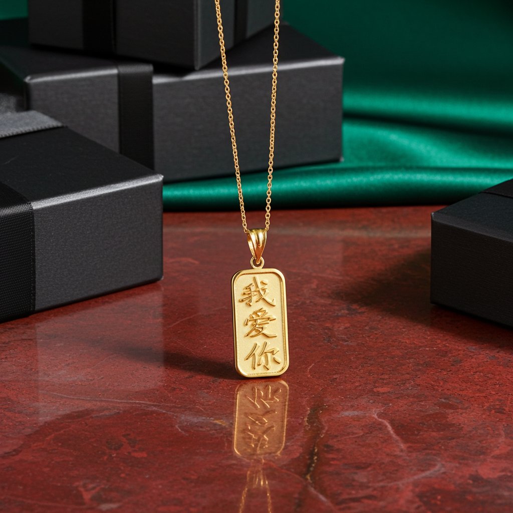 Gold Chinese "I Love You" Symbol Pendant Necklace (10K, 14K, yellow, white, rose gold)