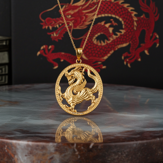 Gold Chinese Dragon Open Oval Medallion Pendant Necklace (yellow, white, rose gold, 10k, 14k)