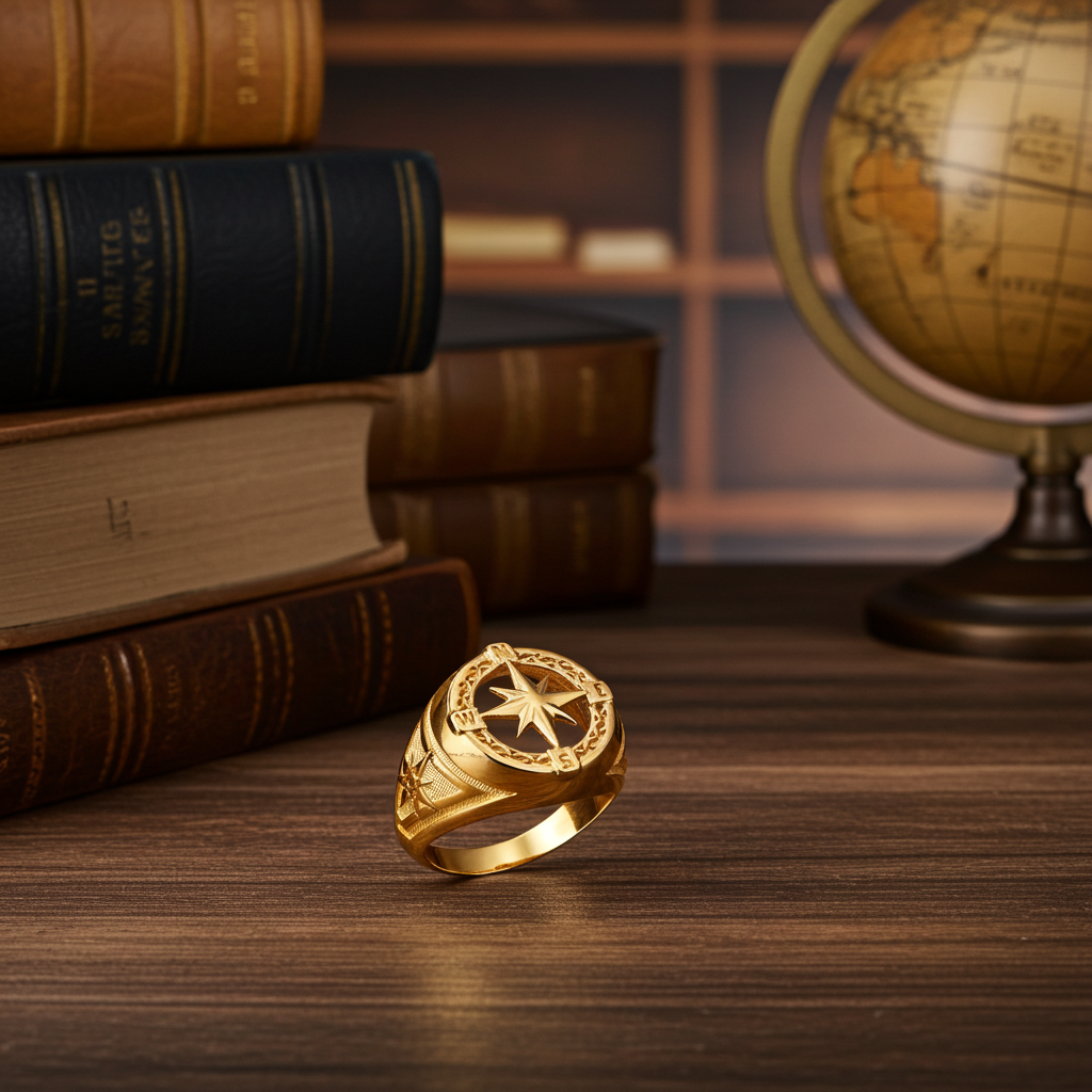 Men's Gold Compass Rose North Star Open Signet Statement Ring (yellow, white, rose, 10k / 14k)