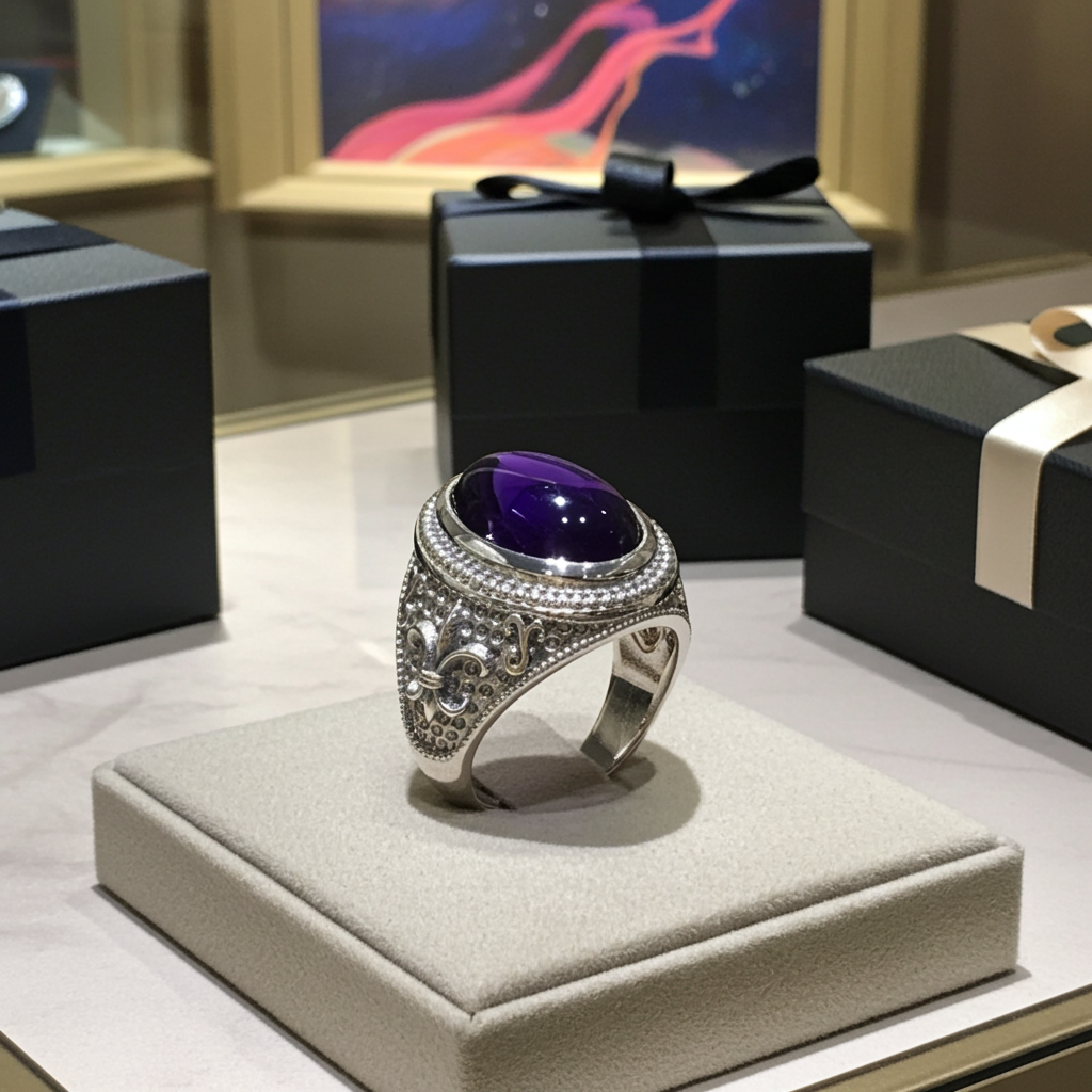 A silver-toned ring with a large oval purple gemstone and pavé-set details, displayed on a beige jewelry stand with black gift boxes in the background.